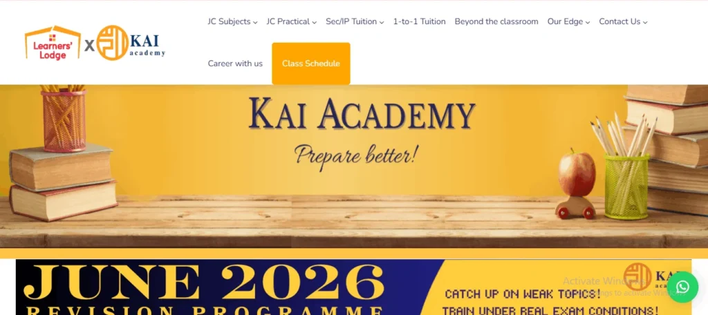 Website homepage for KAI Academy in partnership with Learners’ Lodge, featuring a yellow banner with books, pencils, and the text "KAI ACADEMY Prepare better!" above a "JUNE 2026 REVISION PROGRAMME" announcement.