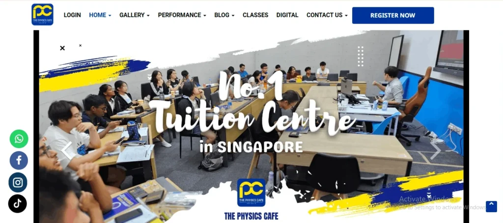 Website banner for The Physics Cafe, showing a classroom full of students attentively listening to a tutor, with text overlay that reads "No. 1 Tuition Centre in SINGAPORE".