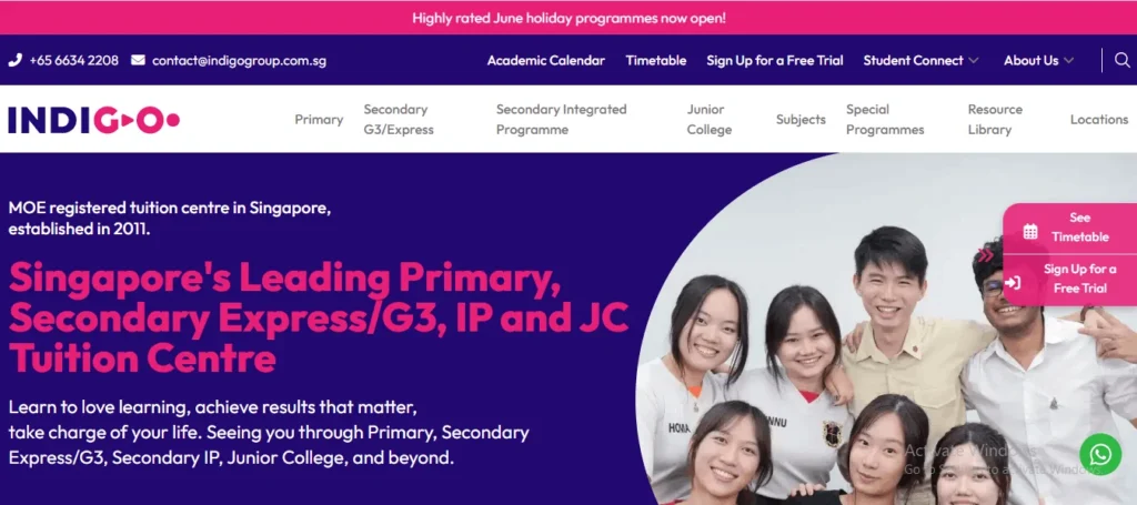 Website homepage banner for Indigo Education Group, an MOE-registered tuition centre in Singapore, featuring a group of smiling students on a purple and pink background.