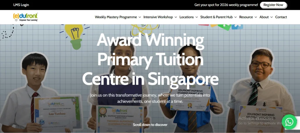 A screenshot of the Edufront Learning Centre homepage, showcasing an "Award Winning Primary Tuition Centre" headline alongside four students holding academic achievement awards.