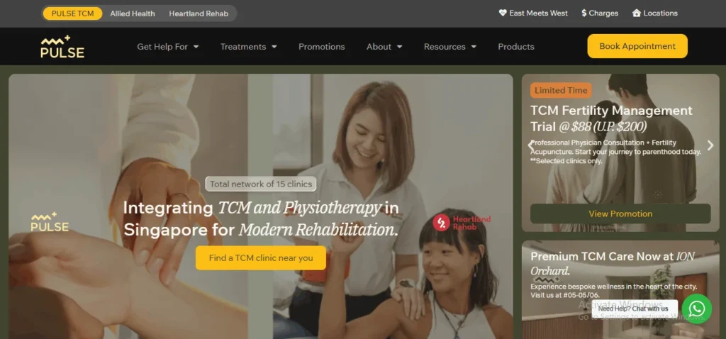 Screenshot of the Pulse TCM clinic homepage highlighting its integration of traditional Chinese medicine and physiotherapy for modern rehabilitation in Singapore.
The website features promotional side banners for a TCM Fertility Management Trial and premium care services at ION Orchard alongside a "Book Appointment" button.