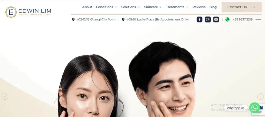 Website homepage banner for Edwin Lim Medical Aesthetic Clinic featuring a young East Asian man and woman with clear, glowing skin, alongside the clinic's logo, navigation menu, and contact details.