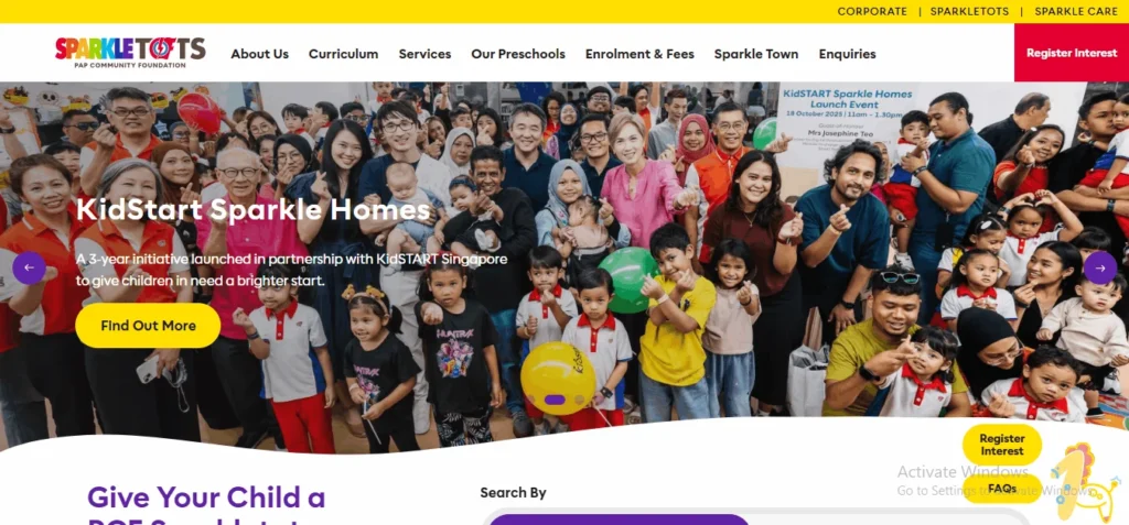 PCF Sparkletots childcare center website homepage banner highlighting the KidSTART Sparkle Homes initiative with families and children in Singapore.