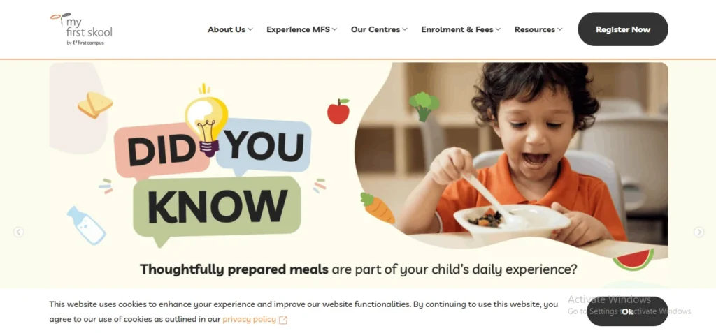 My First Skool childcare center website homepage featuring healthy meals for children enrolled in Singapore preschools.
