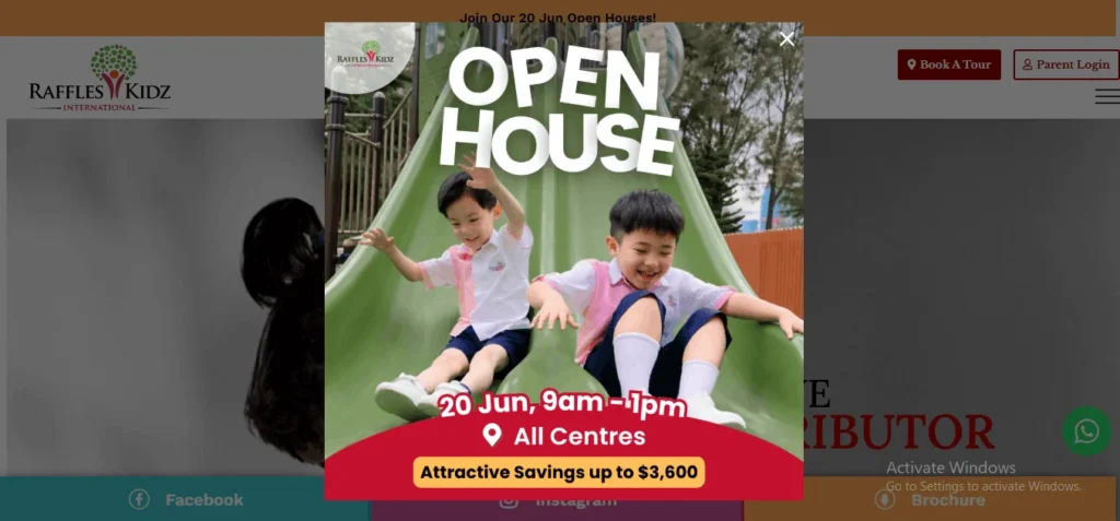 Raffles Kidz International preschool open house announcement banner in Singapore, featuring children on a playground slide and promotional savings details.