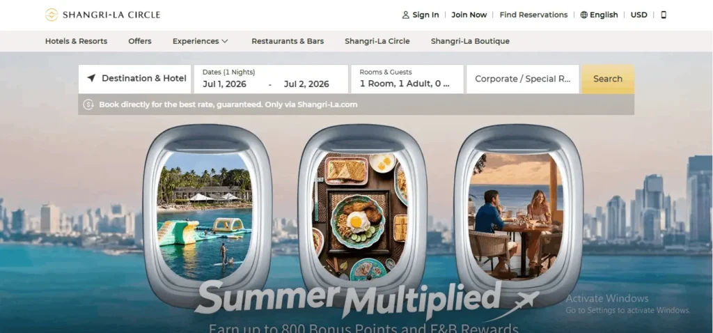 Shangri-La Circle website banner for the "Summer Multiplied" promotion, featuring three airplane window graphics showing a tropical resort, a Nasi Lemak food platter, and a couple dining by the ocean against a city skyline.