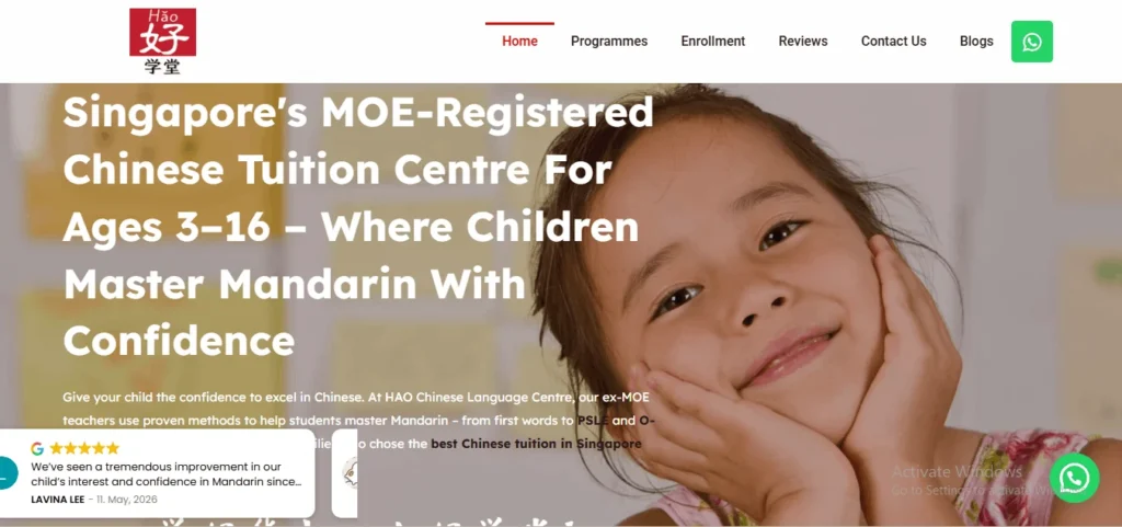 Website banner for HAO Chinese Language Centre in Singapore, featuring a smiling young girl and text about MOE-registered Chinese tuition for ages 3 to 16.