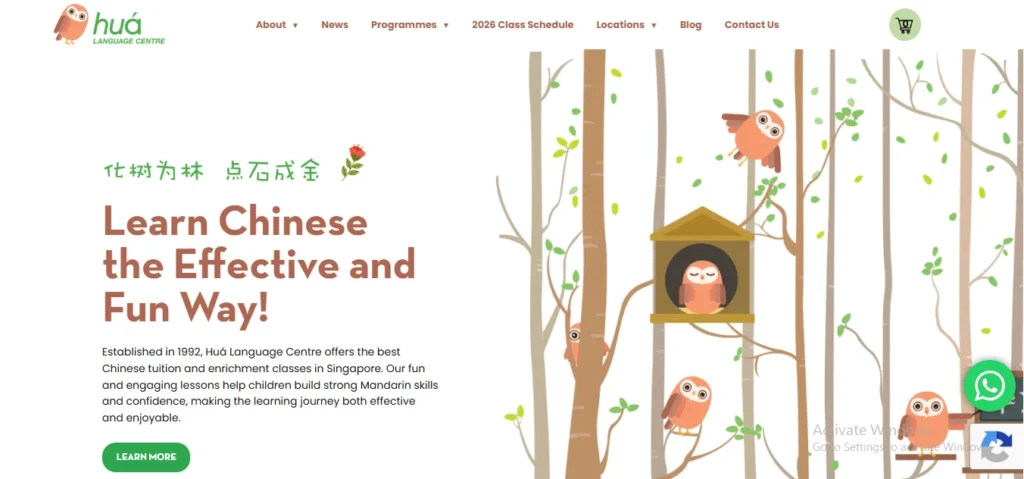 Homepage banner of Hua Language Centre in Singapore, featuring cute owl illustrations in a forest background and text reading "Learn Chinese the Effective and Fun Way!"