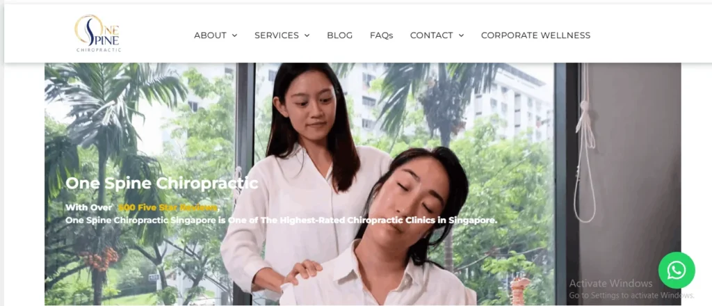 Website homepage banner for One Spine Chiropractic in Singapore, featuring a practitioner performing a gentle neck stretch on a patient against a backdrop of large windows overlooking green palm trees.