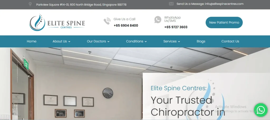 Website homepage banner for Elite Spine Centres in Singapore, showing a clean clinic interior and a text overlay reading "Elite Spine Centres: Your Trusted Chiropractor in Singapore."