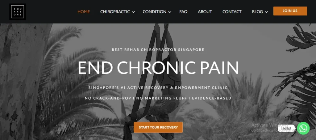 Website banner for Square One Active Recovery featuring a black-and-white image of a person hanging from aerial silks amidst palm trees, with large text overlay reading "END CHRONIC PAIN."