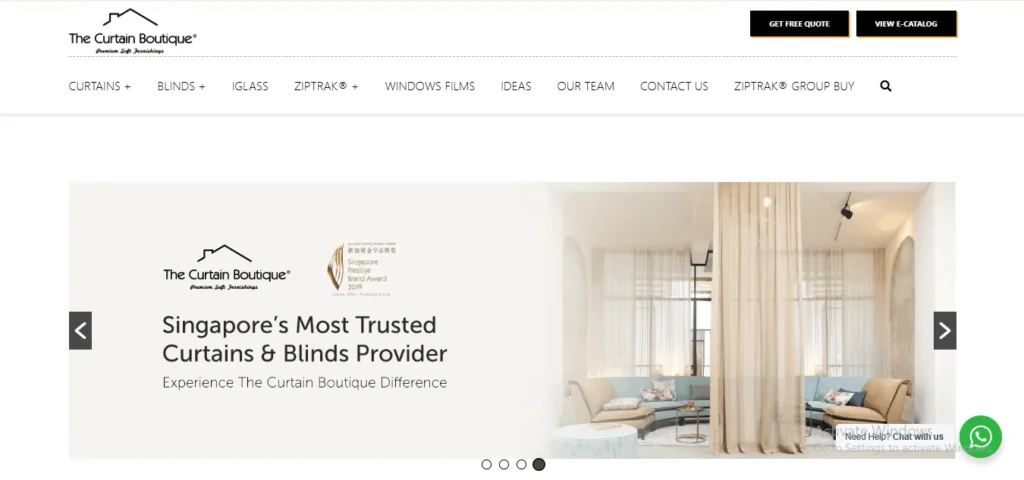 Website homepage screenshot of The Curtain Boutique, featuring a large banner that reads "Singapore’s Most Trusted Curtains & Blinds Provider" alongside a modern living room interior with sheer curtains.