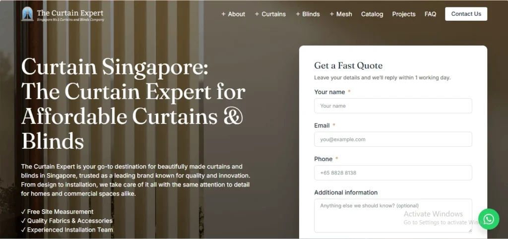 Landing page of The Curtain Expert, a leading supplier of affordable curtains and blinds in Singapore, featuring an online quote request form.