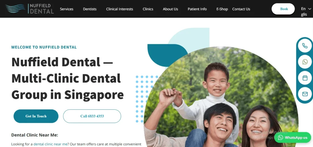 Website banner for Nuffield Dental group in Singapore, featuring the headline "Nuffield Dental — Multi-Clinic Dental Group in Singapore" alongside a photo of a happy family outdoors.