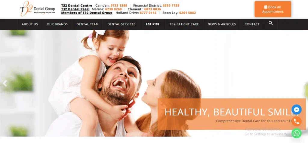 Homepage banner for T32 Dental Group in Singapore, featuring an orange overlay with the text "HEALTHY, BEAUTIFUL SMILES" next to a happy family portrait.