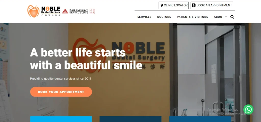 Website banner for Noble Dental Surgery in Singapore, featuring the slogan "A better life starts with a beautiful smile" and an orange "Book Your Appointment" button against a clinic reception background.