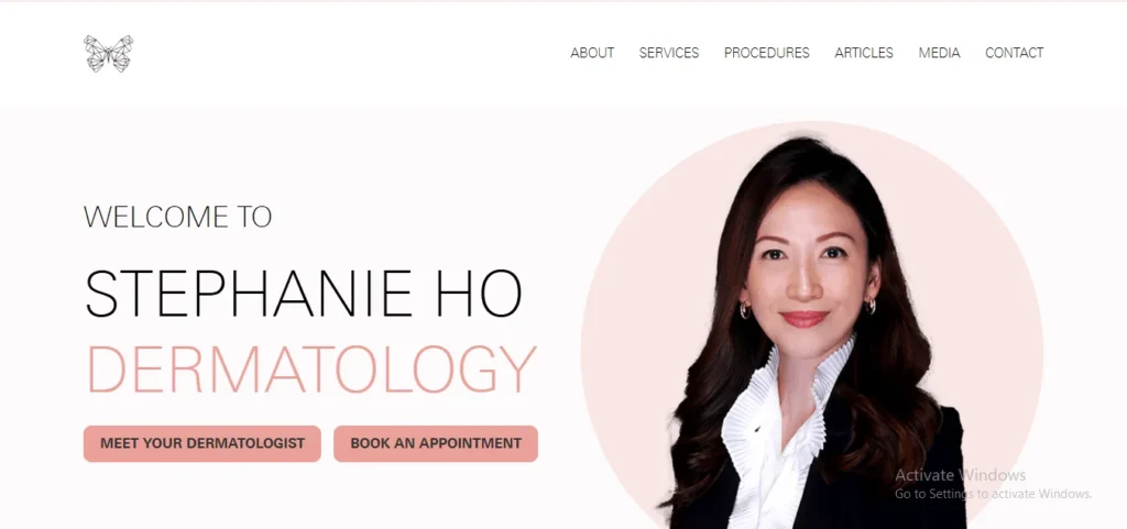 Homepage banner for Stephanie Ho Dermatology, featuring a professional portrait of Dr. Stephanie Ho next to the text "Welcome to Stephanie Ho Dermatology" and call-to-action buttons.