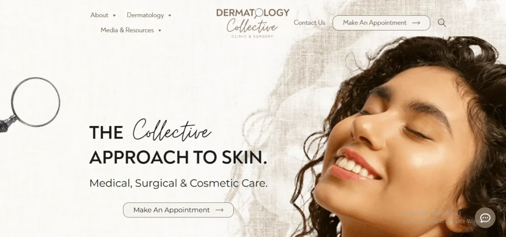 Dermatology Collective clinic homepage banner in Singapore, highlighting medical, surgical, and cosmetic skin care treatments with an appointment booking option.