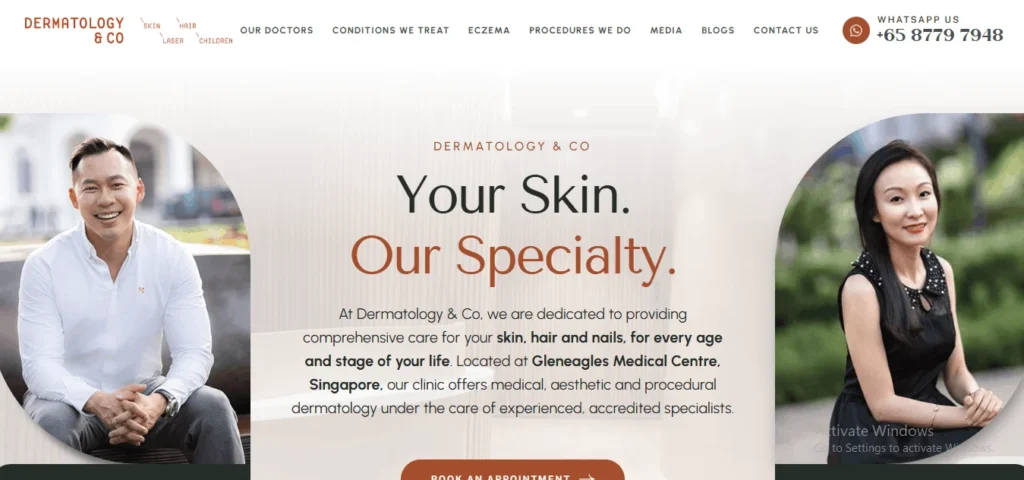Dermatology & Co clinic homepage banner in Singapore, featuring professional dermatologists at Gleneagles Medical Centre specializing in medical, aesthetic, and procedural dermatology.