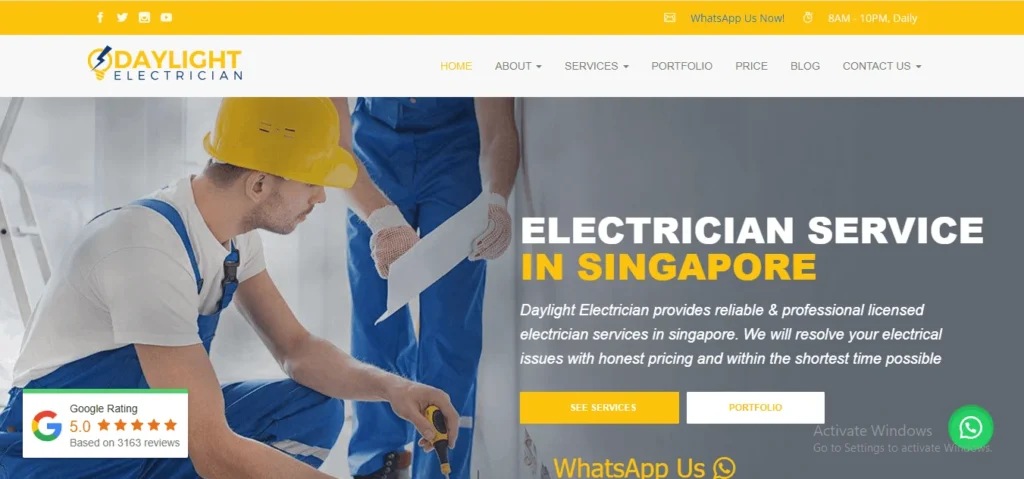 Website homepage screenshot for Daylight Electrician, featuring two professional electricians in blue overalls and a yellow hard hat working on-site, with bold text reading "Electrician Service in Singapore."