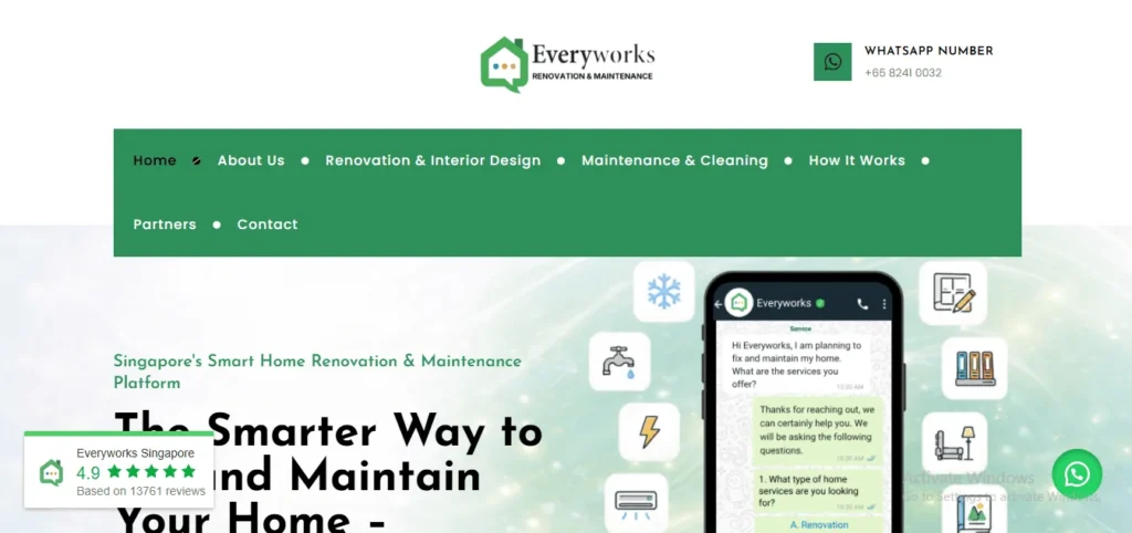 Website banner for Everyworks Renovation & Maintenance in Singapore, featuring a green navigation menu, a 4.9-star rating badge based on over 13,000 reviews, and a smartphone showing a WhatsApp customer service chat.