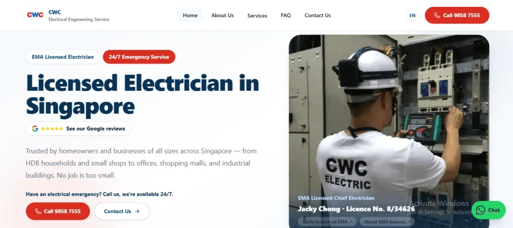 Website homepage banner for CWC Electrical Engineering Service featuring an EMA licensed chief electrician inspecting a commercial electrical panel, with text reading "Licensed Electrician in Singapore" and "24/7 Emergency Service."
