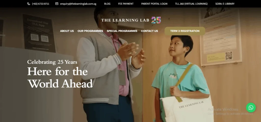 The Learning Lab tuition centre website homepage banner in Singapore, showing a student and teacher with the text "Celebrating 25 Years. Here for the World Ahead."