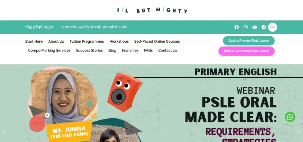 Lil' But Mighty English tuition website header in Singapore, showing options to book primary and secondary trial lessons alongside a promotional banner for a PSLE Oral English webinar.