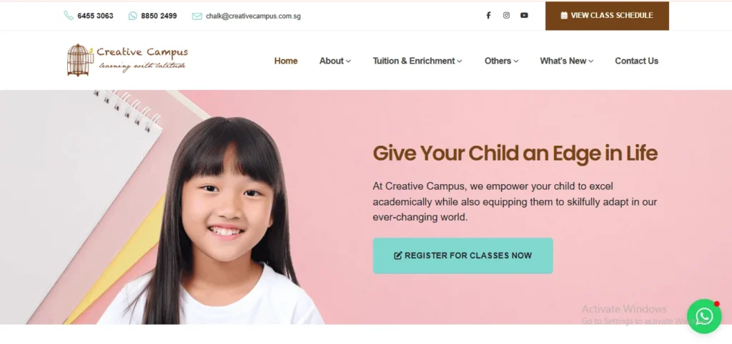 Creative Campus English tuition and enrichment website homepage in Singapore, showing a registration banner with a student and the headline "Give Your Child an Edge in Life."