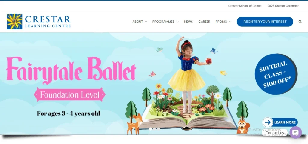 Crestar Learning Centre Fairytale Ballet class banner for kids in Singapore, featuring a girl in a Snow White costume on a pop-up book backdrop with a trial class promotion.