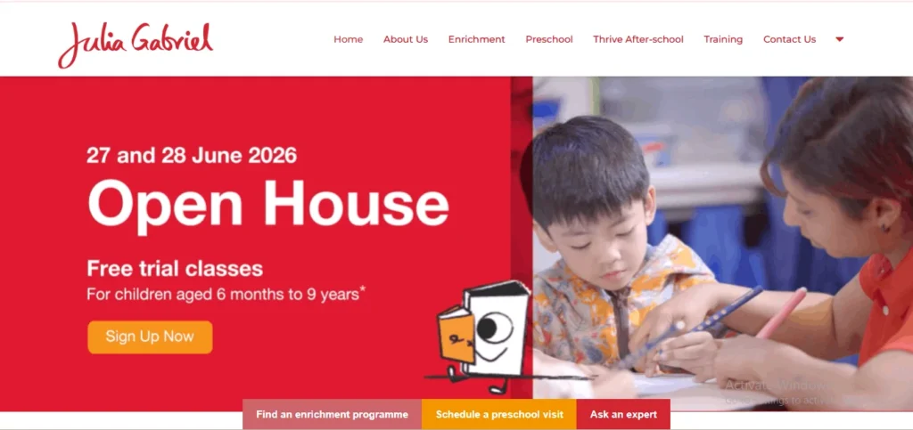 Julia Gabriel Centre Open House June 2026 banner featuring free trial classes for children and an image of a student with a teacher.