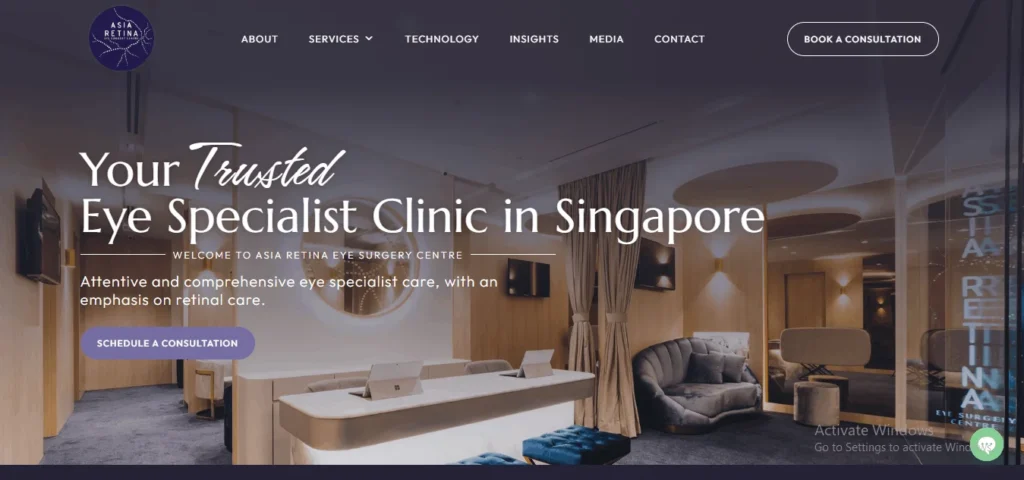Screenshot of the Asia Retina Eye Surgery Centre website homepage, featuring a large banner image of a luxurious clinic reception area with warm lighting, modern furniture, and overlapping text that reads "Your Trusted Eye Specialist Clinic in Singapore."