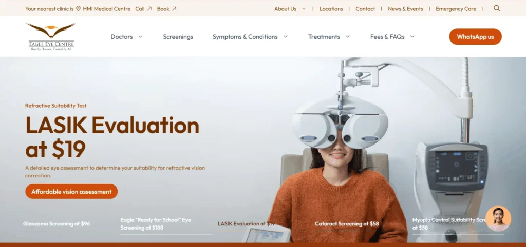 Screenshot of the Eagle Eye Centre website homepage, showcasing a prominent promotion for a "LASIK Evaluation at $19" next to a photograph of a smiling woman undergoing an eye examination with a phoropter machine.