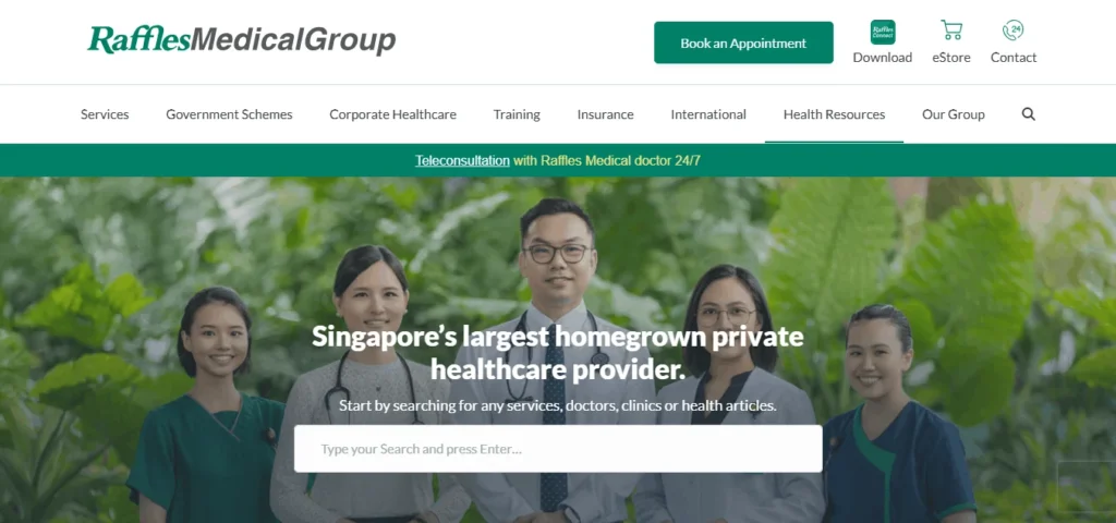 Raffles Medical Group homepage banner showing a medical team and a search bar for private healthcare services in Singapore.