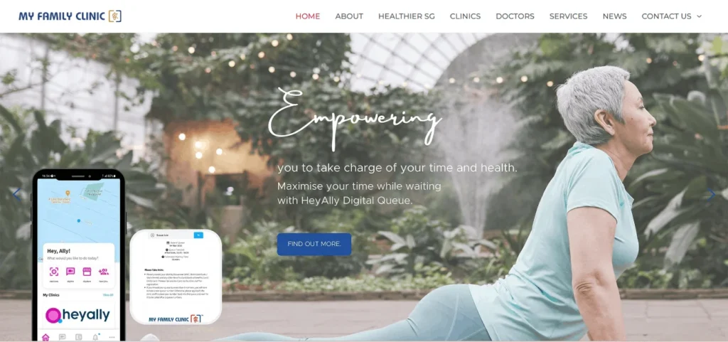 My Family Clinic website banner showcasing the HeyAlly digital queue app alongside a senior woman practicing yoga in a garden setting.