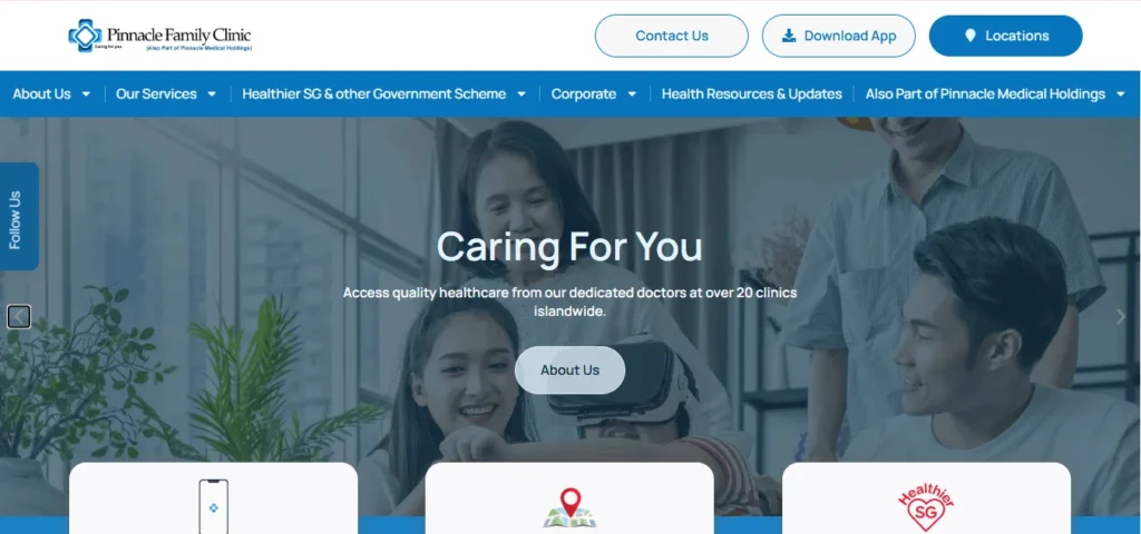 Pinnacle Family Clinic website homepage featuring a banner with a family, a Healthier SG menu option, and text reading "Caring For You."