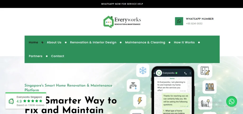 Everyworks Singapore homepage banner showcasing smart home renovation, maintenance, and handyman services, including plumbing, electrical, and aircon servicing.