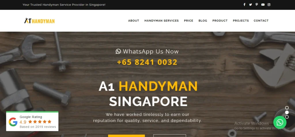 A1 Handyman Singapore website homepage banner highlighting professional home repair and maintenance services, featuring a WhatsApp contact number and top Google reviews badge.