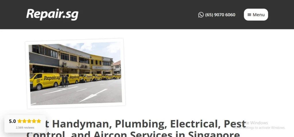 Repair.sg homepage banner showcasing a fleet of yellow service vehicles for handyman, plumbing, electrical, pest control, and aircon services in Singapore.
