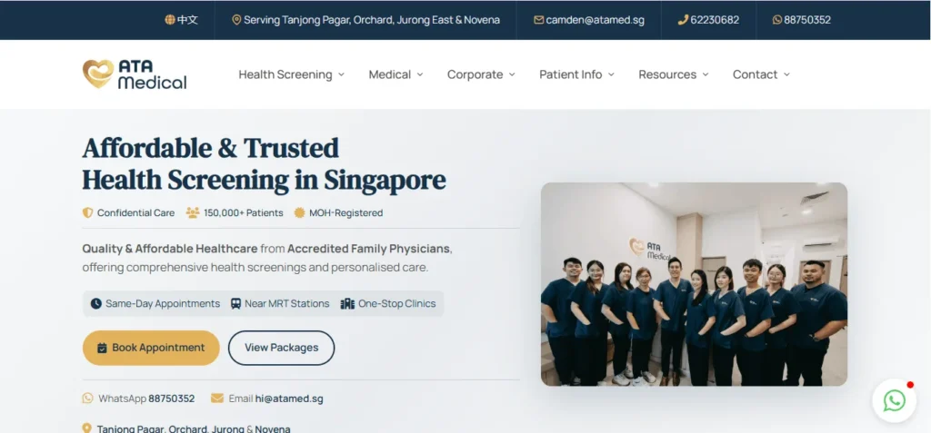 Homepage screenshot of ATA Medical in Singapore, featuring the headline "Affordable & Trusted Health Screening in Singapore" and a group photo of healthcare staff in blue scrubs.