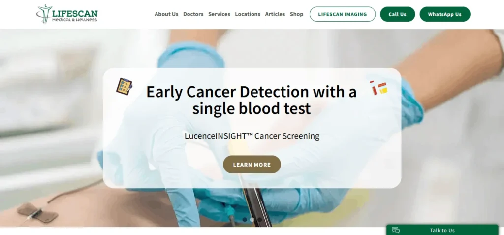 Homepage banner for Lifescan Medical & Wellness featuring an advertisement for "Early Cancer Detection with a single blood test" using LucenceINSIGHT™ Cancer Screening.