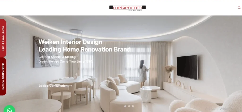 Modern minimalist living room designed by Weiken Interior Design in Singapore, featuring a curved cream sofa, a matching dining set, a wall-mounted TV, and a woman standing by large curtained windows.