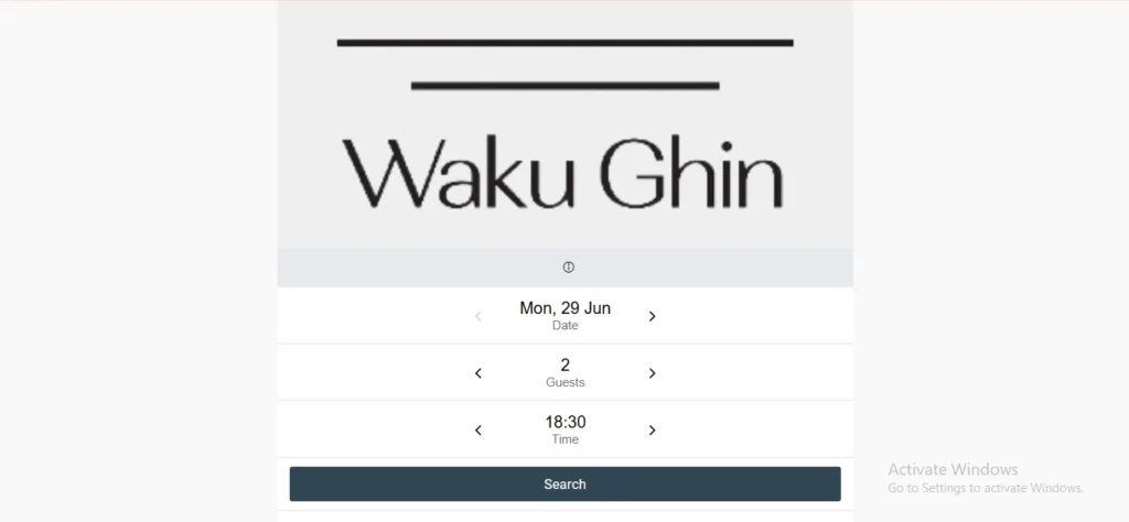 Online reservation widget for Waku Ghin restaurant showing options to select date, guests, and time.