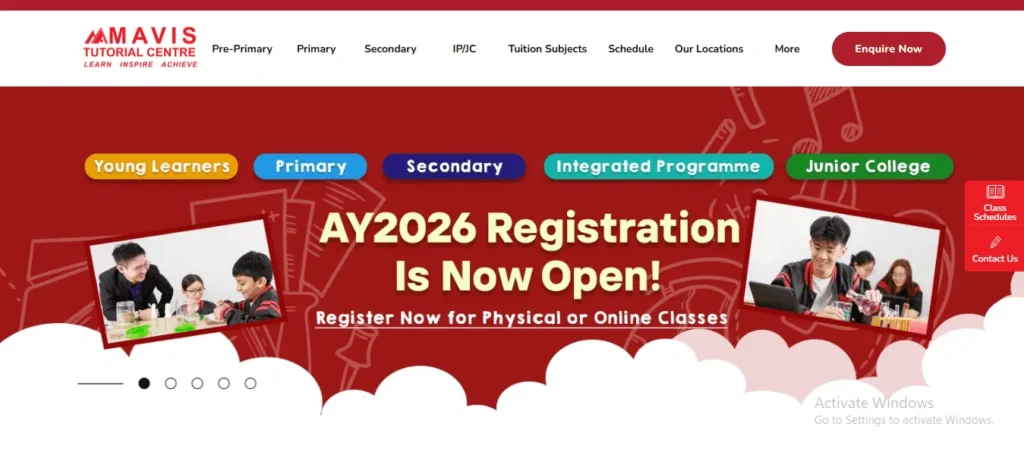 "Homepage banner for Mavis Tutorial Centre in Singapore with a dark red background, announcing that 'AY2026 Registration Is Now Open' for physical or online classes. The banner features colorful category buttons for Young Learners, Primary, Secondary, Integrated Programme, and Junior College. Two inset photos show students actively engaged in learning and science experiments with their tutors, framed by decorative white clouds at the bottom."