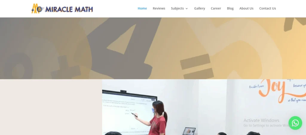 "Website homepage banner for Miracle Math, a top math tuition center in Singapore, featuring a light yellow background overlayed with faint mathematical numbers and symbols. Below the navigation menu, an image shows a female tutor in a red shirt solving math problems on an interactive digital whiteboard for her classroom."