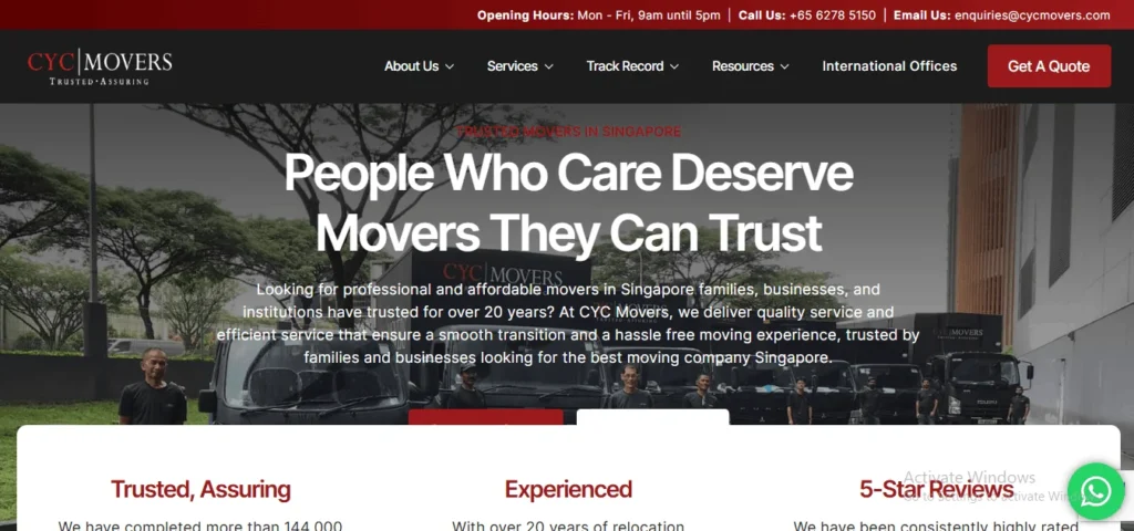 CYC Movers website homepage banner showing a fleet of moving trucks and staff in Singapore, featuring the headline "People Who Care Deserve Movers They Can Trust."