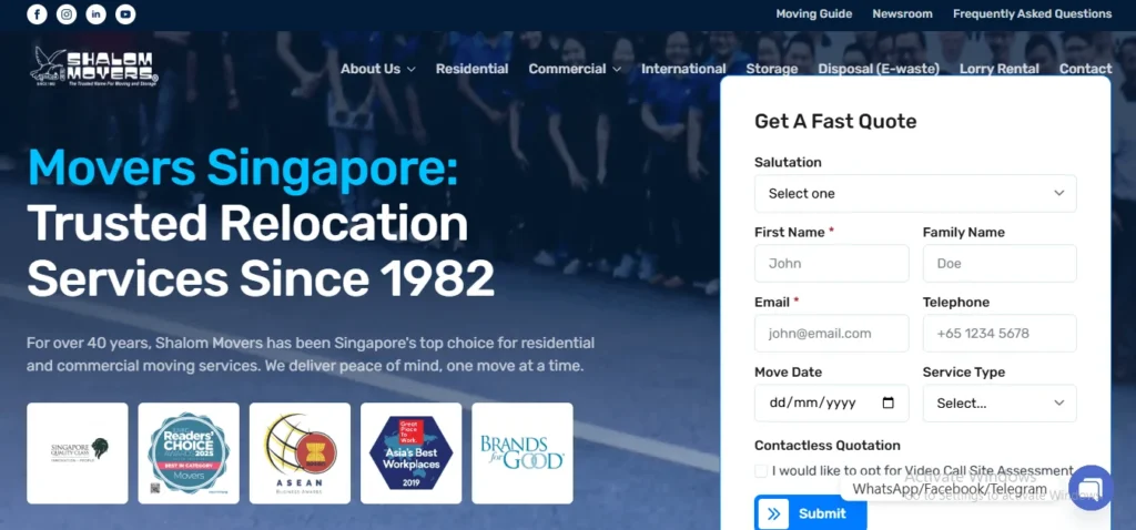 Shalom Movers website homepage banner featuring the headline "Movers Singapore: Trusted Relocation Services Since 1982" alongside a "Get A Fast Quote" lead capture form and various industry award badges.