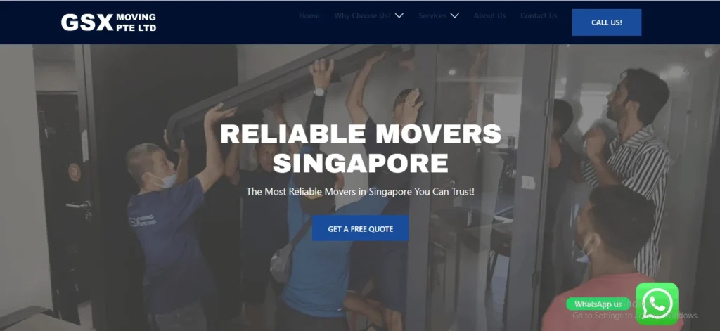 GSX Moving Pte Ltd website homepage banner showing a team of professional movers carefully lifting a heavy item, featuring the text "Reliable Movers Singapore - The Most Reliable Movers in Singapore You Can Trust!" and a "Get A Free Quote" button.