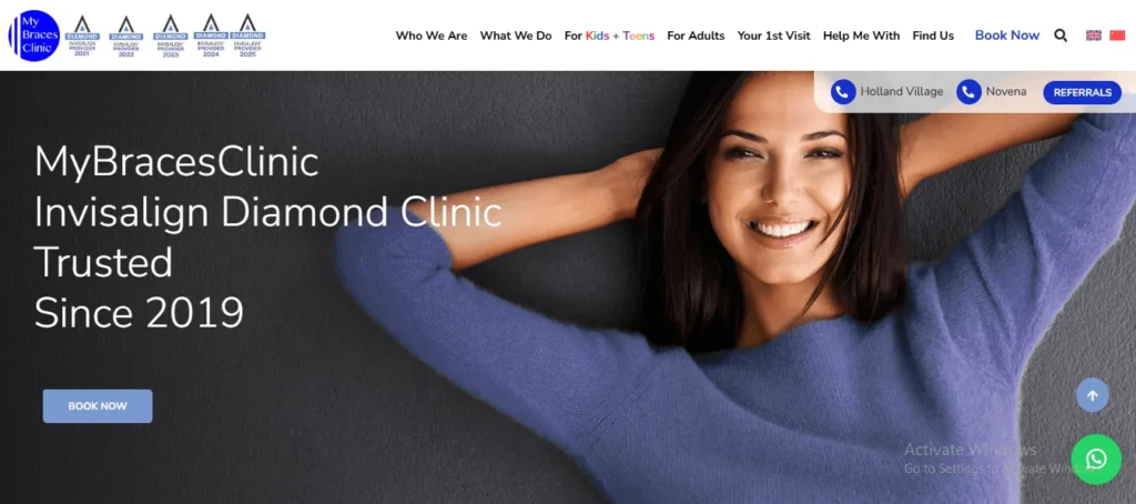 MyBracesClinic Invisalign Diamond Clinic website homepage banner featuring a smiling woman with a bright smile.