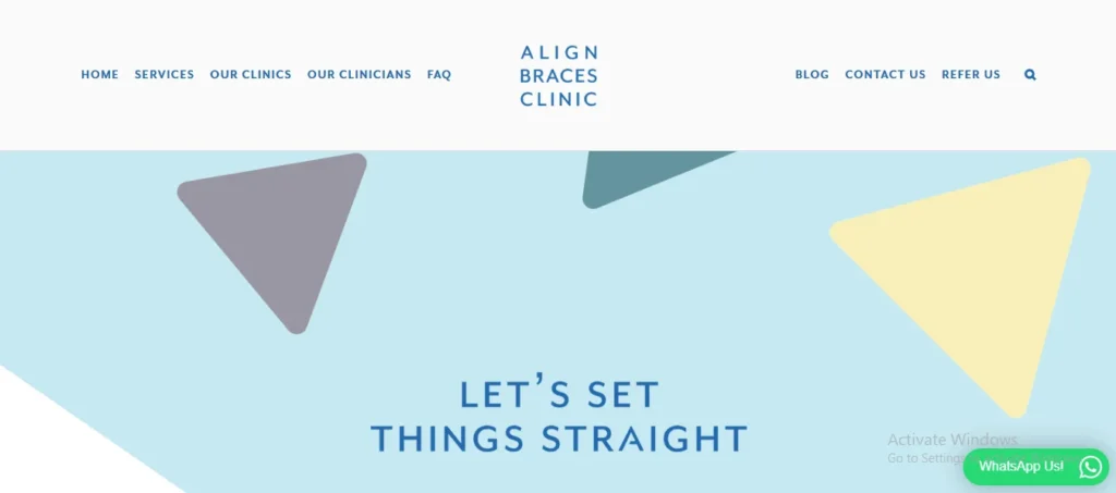 Align Braces Clinic website homepage banner featuring geometric shapes and the text Let's set things straight.